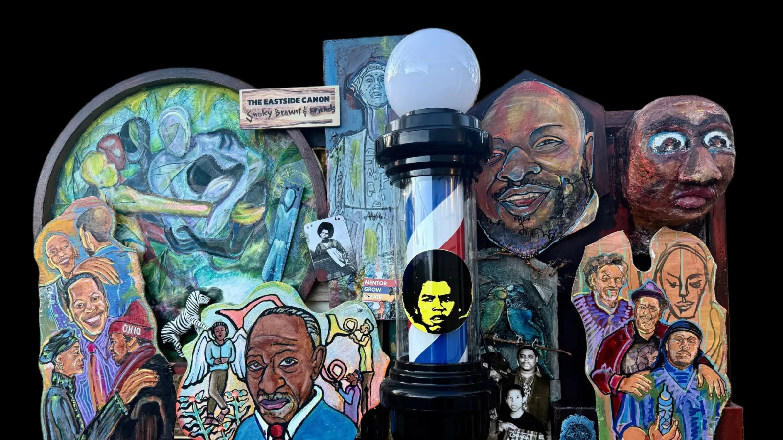 mixed media piece depicting different Black figures from the east side of Columbus
