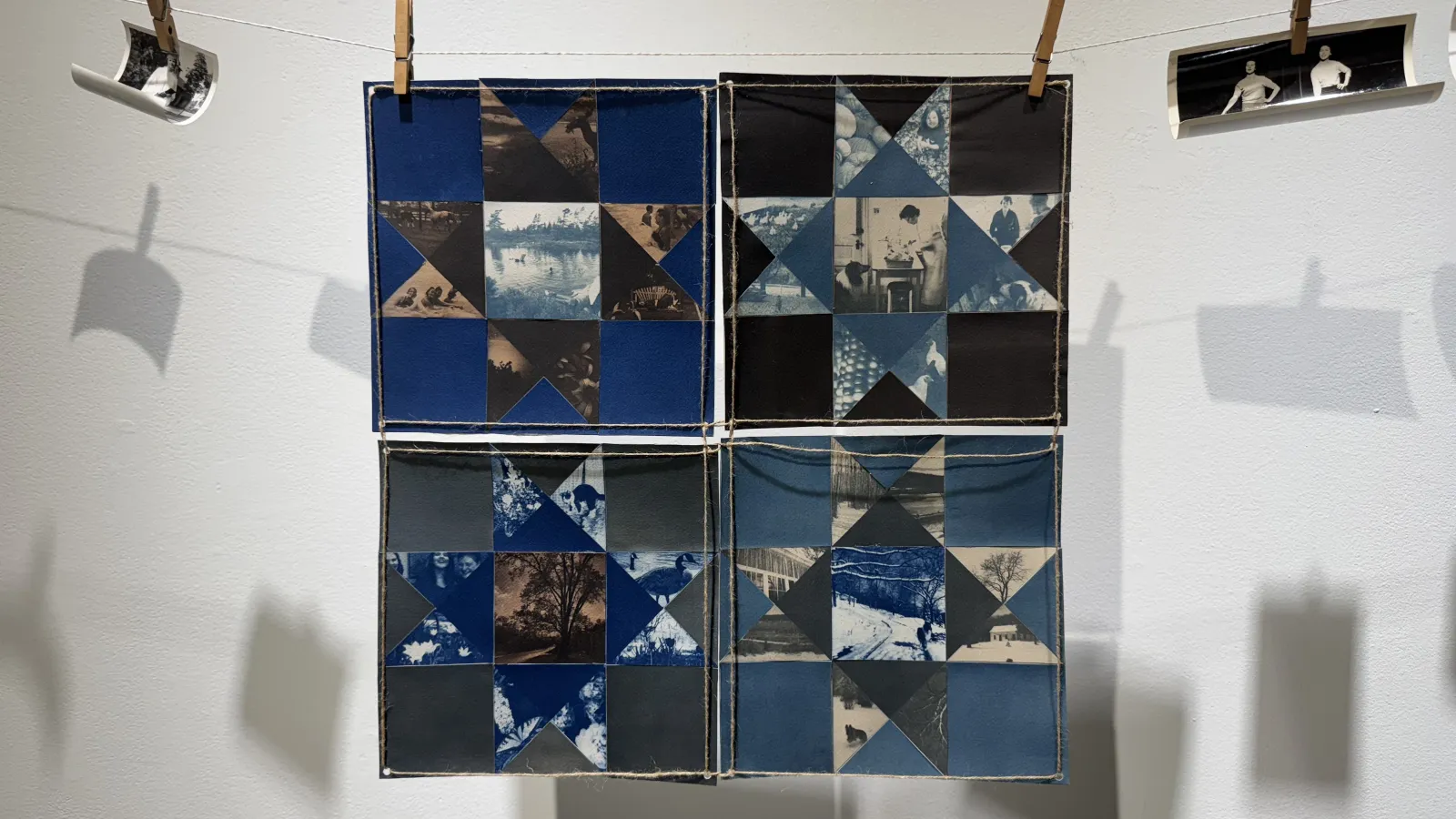 An art piece of an Ohio star quilt that features cyanotype images of family members and nature scenes. 