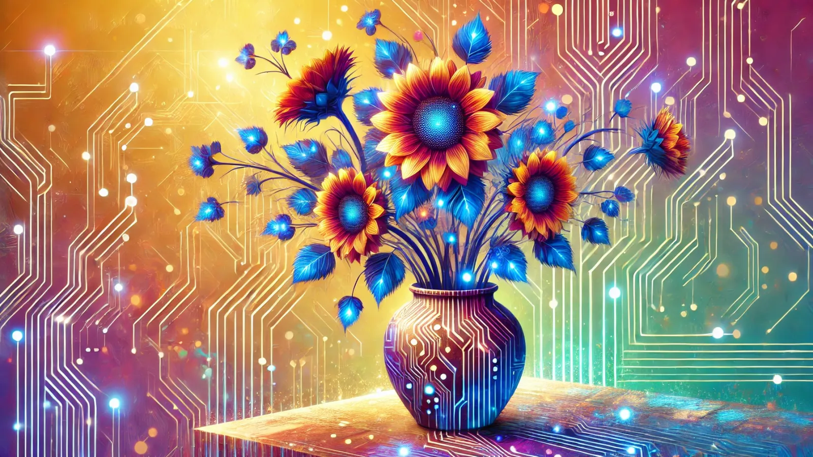 AI art of a vase of sunflowers with technology glow