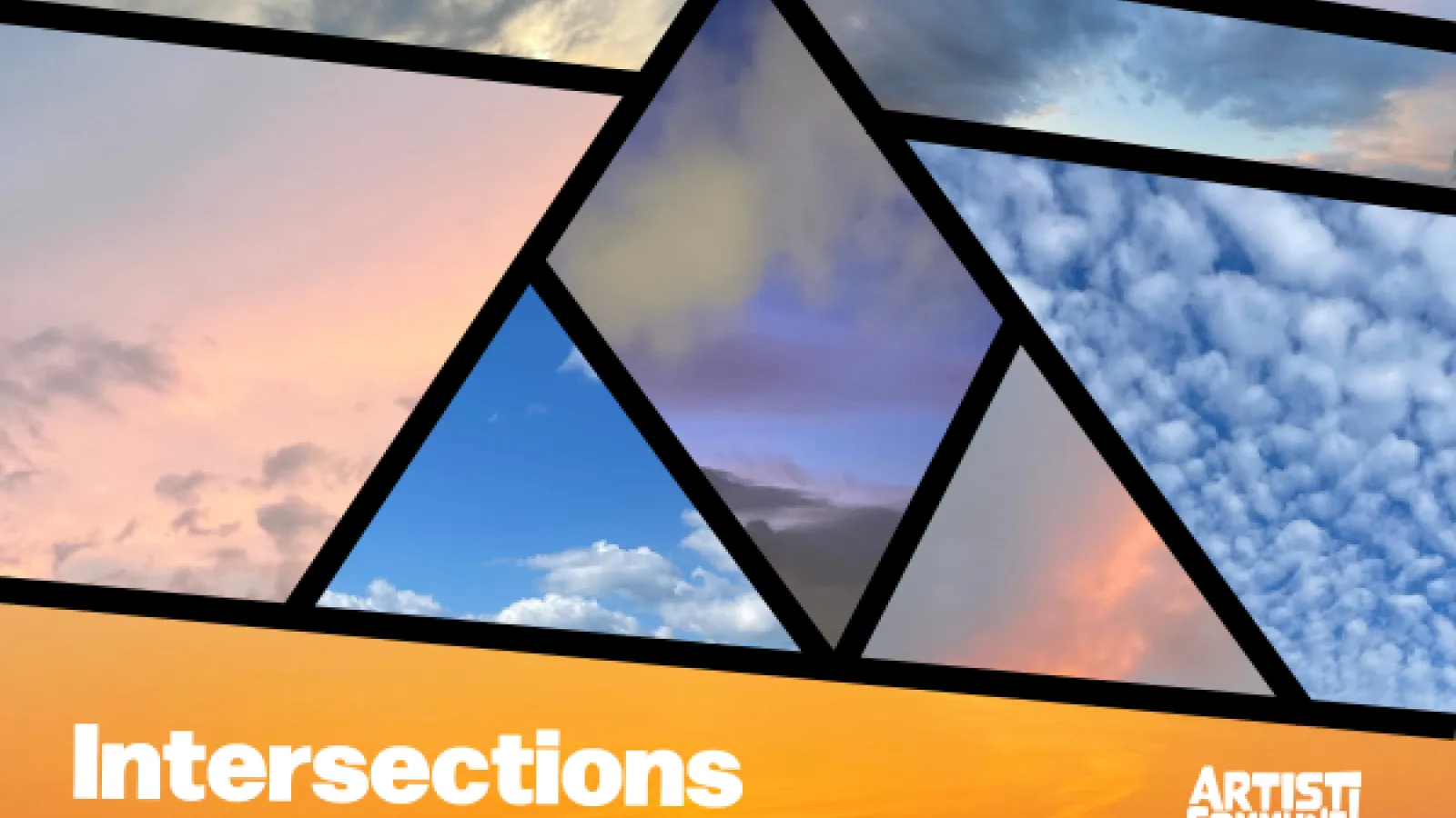 Intersections a pop-up exhibition artist commune over a geomatric image of different sky pictures