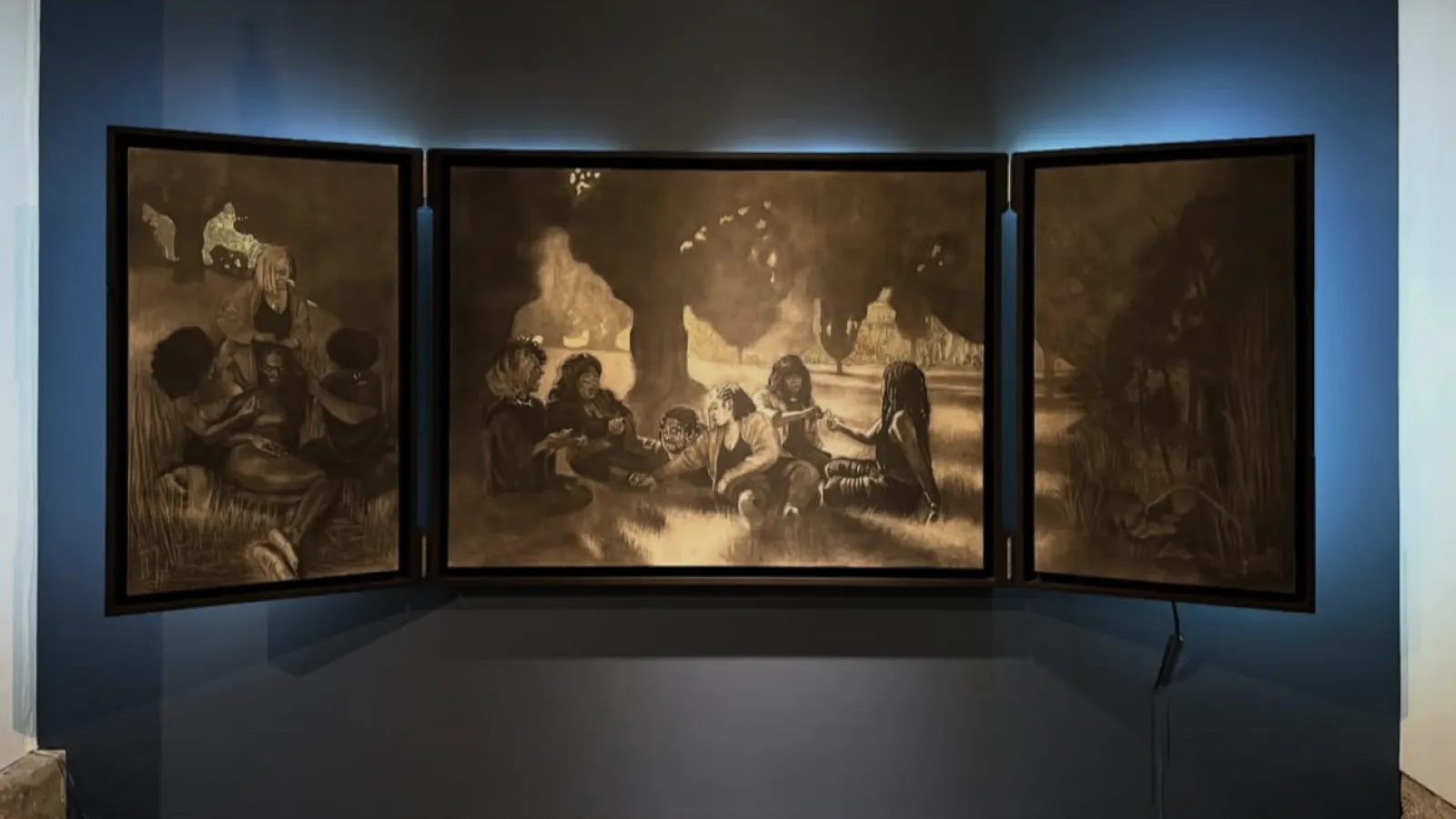 charcoal triptych of people gathered under trees and relaxing