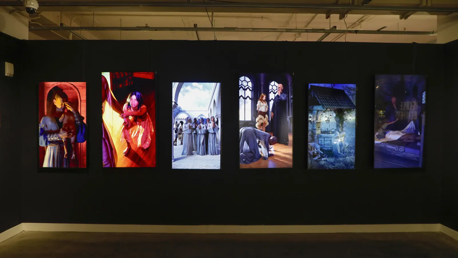 six video screens of a religious story, including an animation of monks