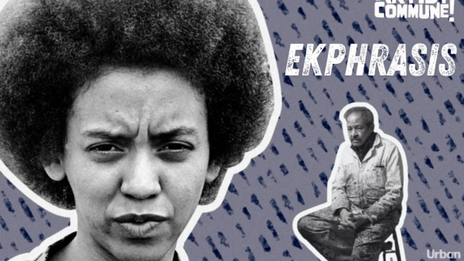 artist commune ekphrasis with images of two Black figures on a blue background