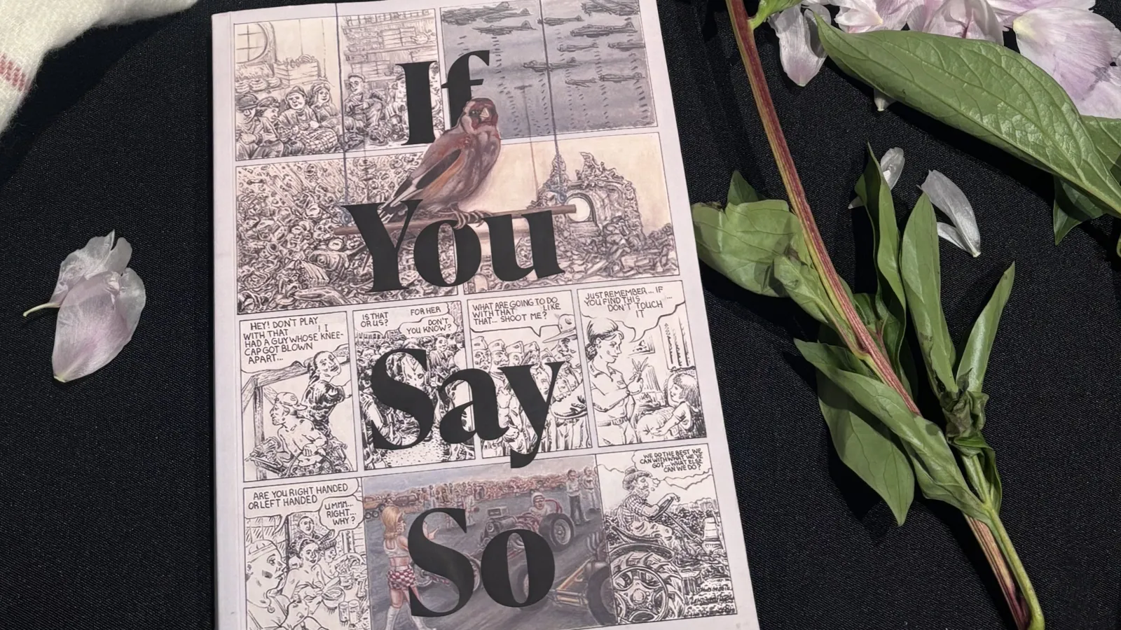 If You Say So, a book with a light purple colored comic cover, placed on a black table with a flower and petals.