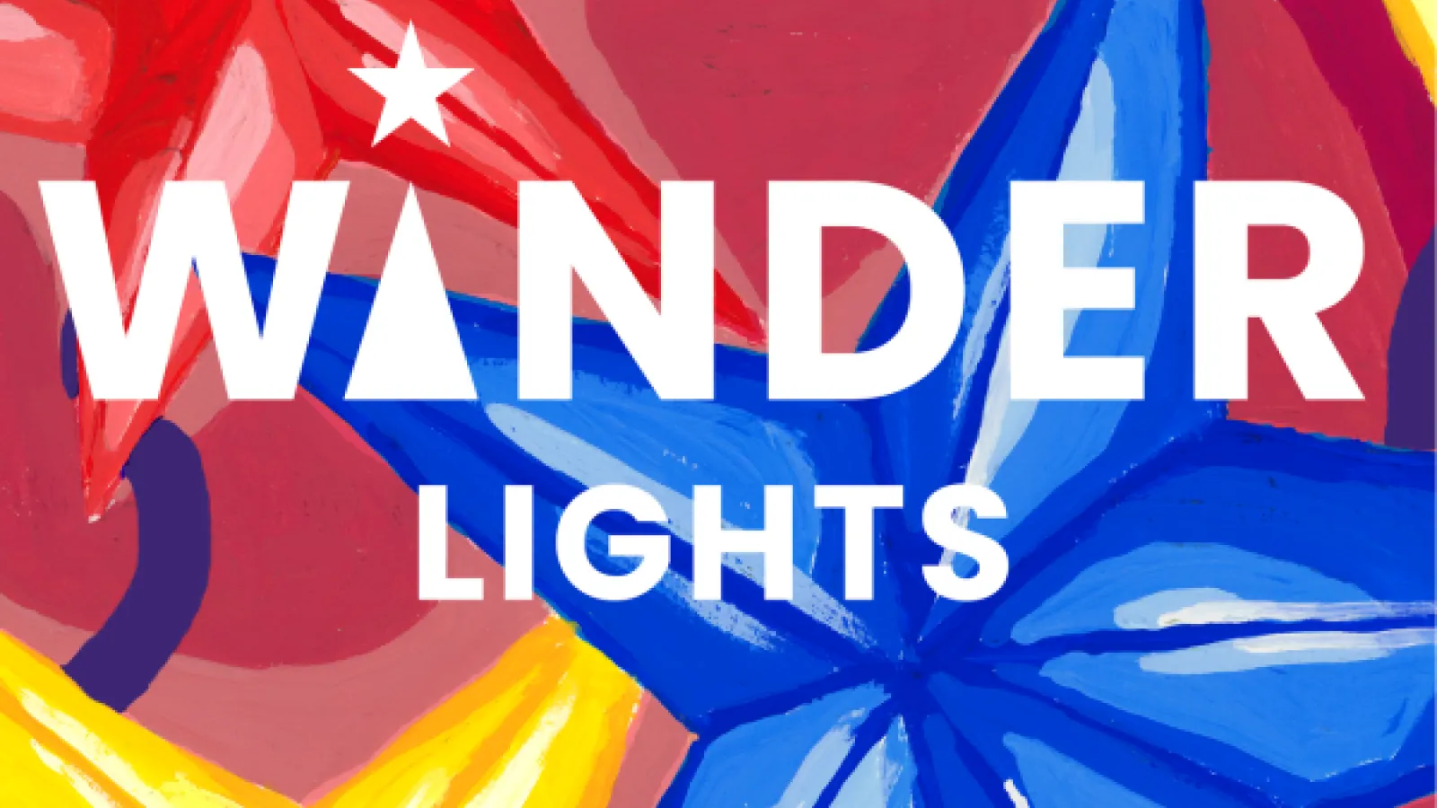 Wander Lights over painting of holiday stars in blue, red, and yellow