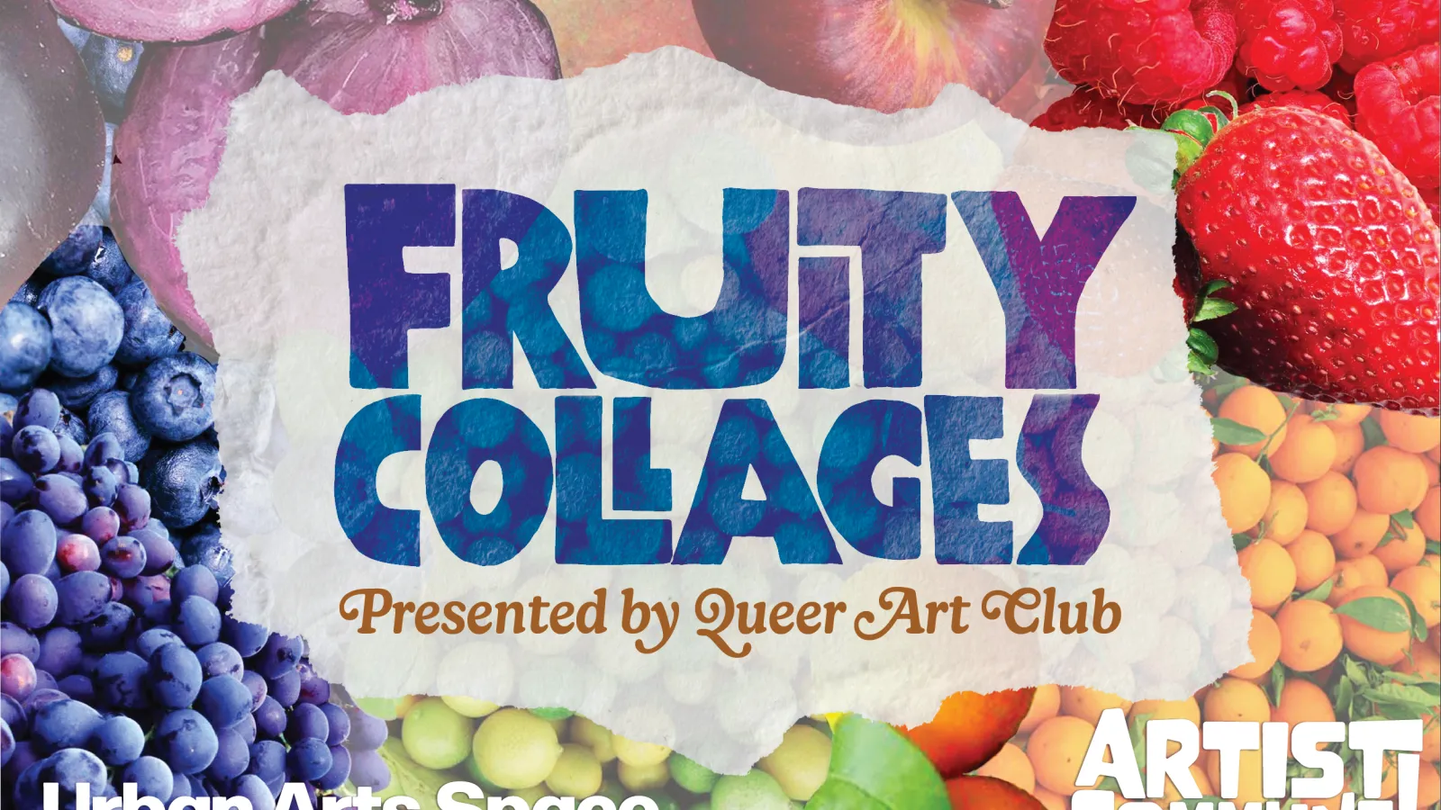 fruity collage presented by queer art club over rainbow fruits