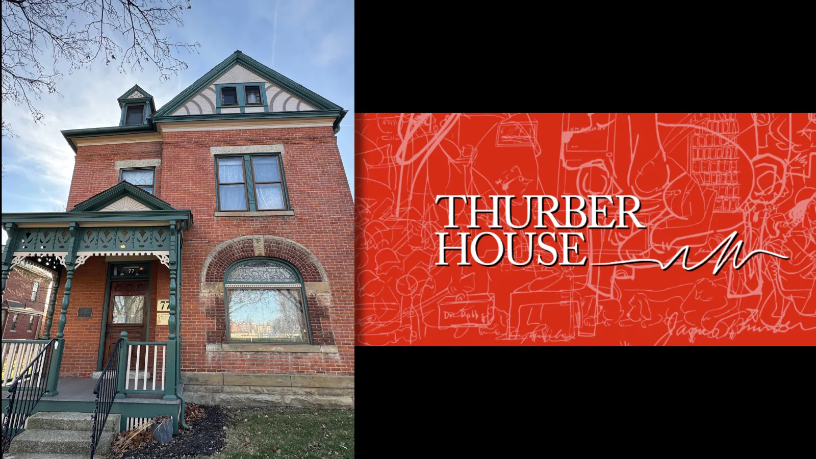 thurber house logo next to the front of the house, which is a brick building with green trim