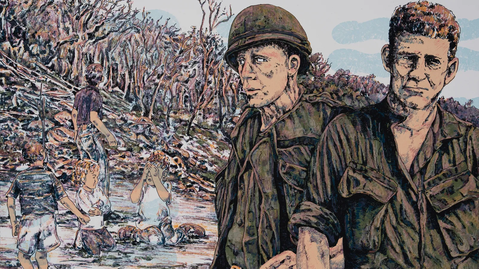 artistic print of two soldiers with crying people in the background