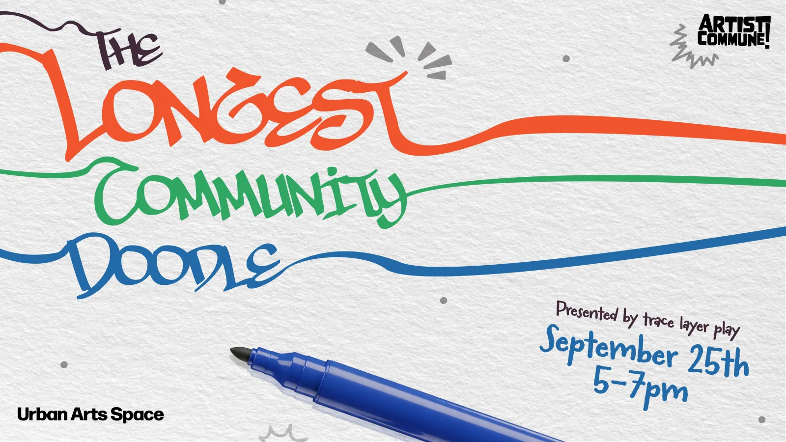 Promotional flyer for "The Longest Community Doodle" by trace layer play on September 25th from 5–7pm, featuring colorful handwritten lettering and a blue marker on a white paper background.