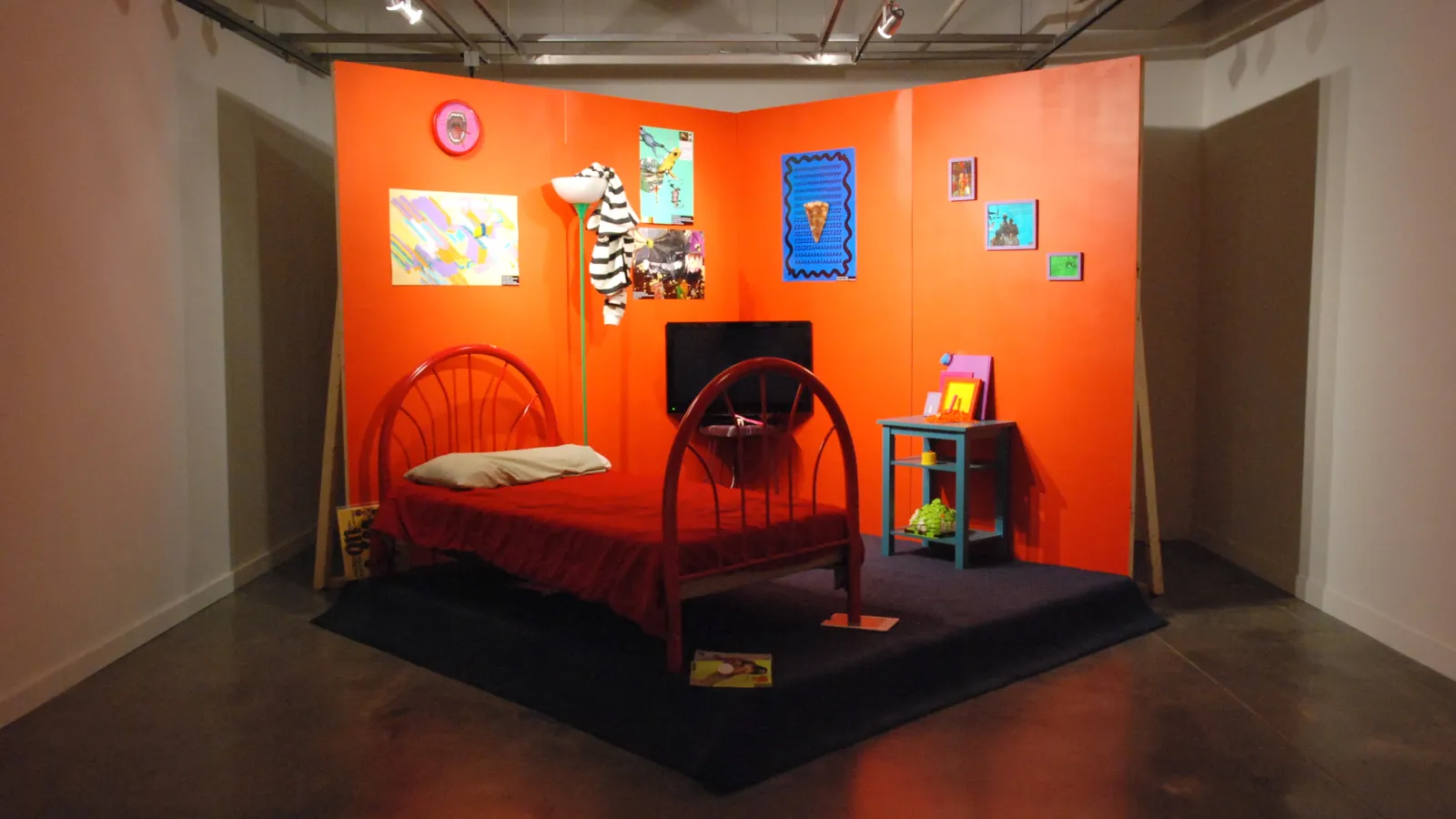 Image of Adrian Barrientes: "Aspartamed Mystics," performance, video, home furnishings, digital prints, pizza, mixed media, 2013