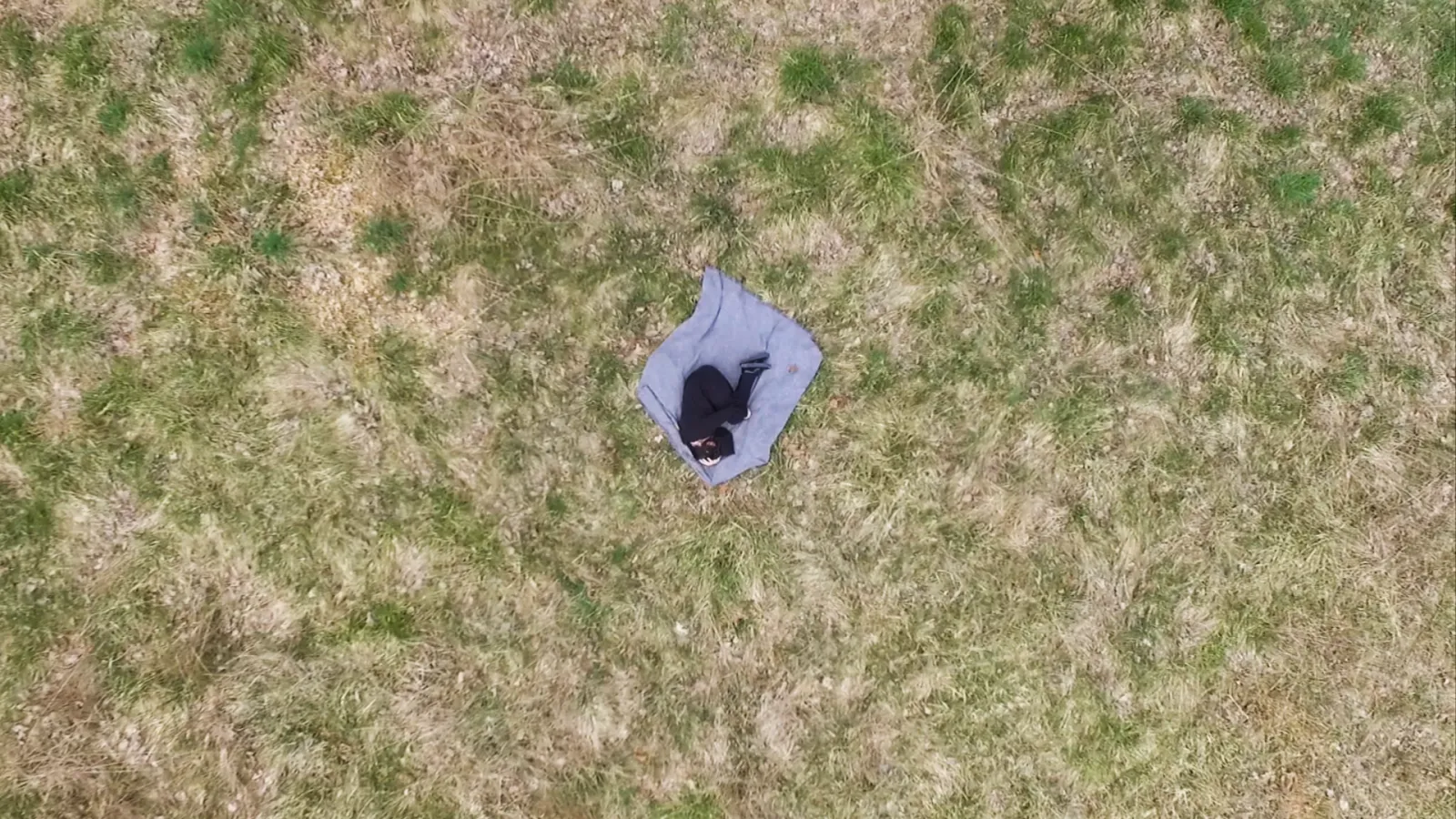 film still of an aerial shot of Person Laying on a blanket in the grass