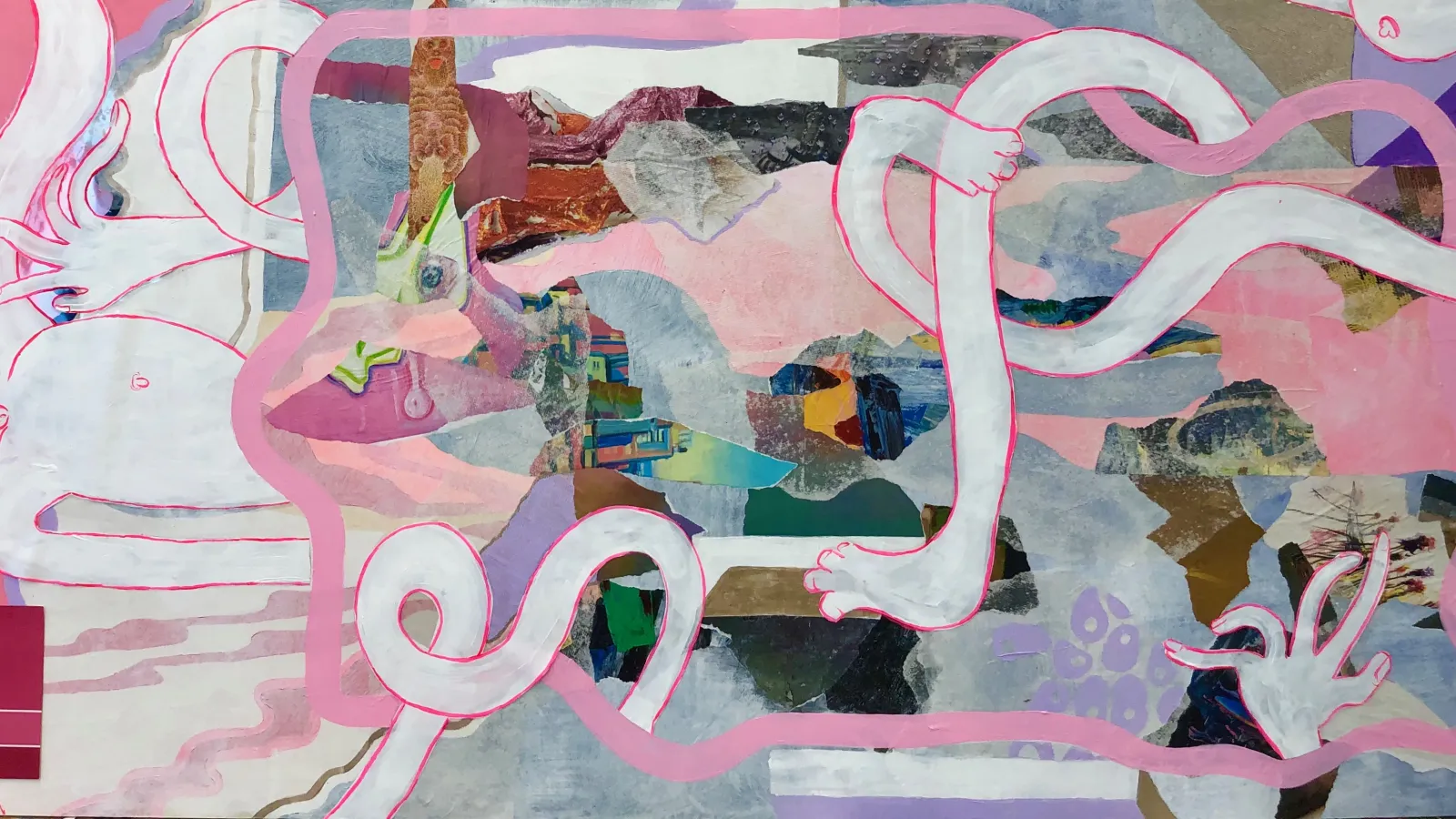 "Olympia" painting by Blair Bagnoli, large wide contemporary painting with themes of bright pink colors