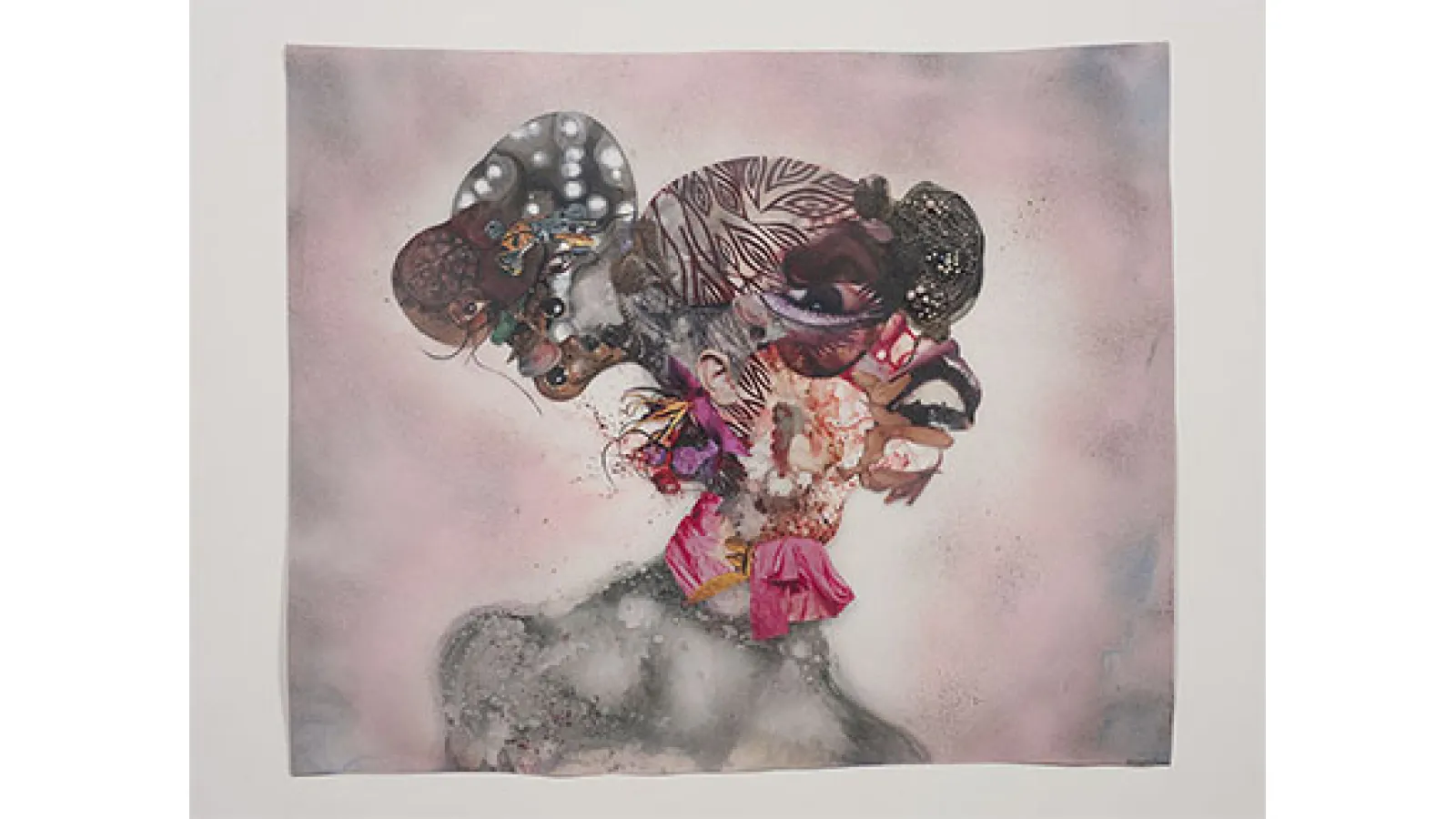 Wangechi Mutu, Pretty Double-Headed, 2010, mixed media,  ink, collage, and spray paint on Mylar, 34 x 42 3/4 inches (86.4 x 106.1 cm) Collection of Blake Byrne. Image Courtesy of Susanne Vielmetter Los Angeles Projects; photo by Robert Wedemeyer.