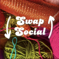 Yarn in the background of a "Swap Social" Logo