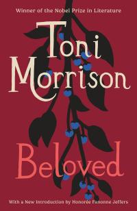 Beloved: A deep red cover featuring a black vine with blue berries trailing down the center. The author’s name, Toni Morrison, and the title "Beloved" are written in a cream-colored serif font.