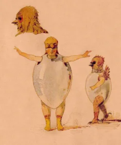 Illustrations of a human in an egg costume with bird mask, feathered wings, and talon feet