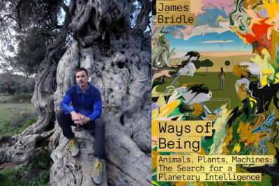 Photo of author James Bridle next to the cover of his book Ways of Being