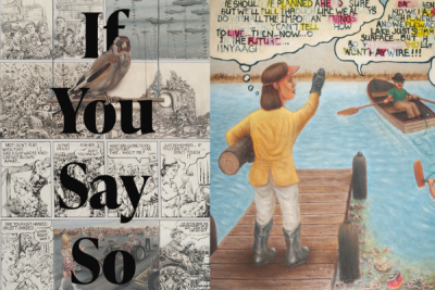 Cover of "If You Say So" by Michelle Herman, and a comic from Glen Holland of a woman standing on a pier waving goodbye to man on a row boat