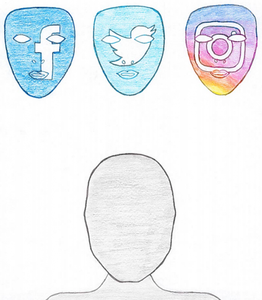 darwing of blank face with three masks depicting social media logos