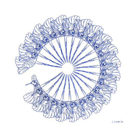 Repeated pattern of blue hummingbird outline in a circle