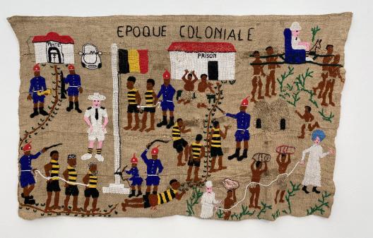 Embroidered burlap sack by Congolese artist with Epoque Colonial stitched at the top, with images of incarcerated people