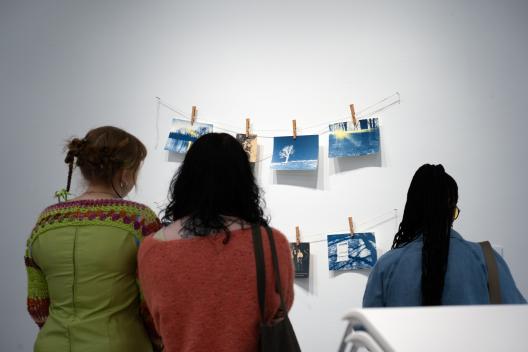 visitors admirning hanging cyanotypes of nature