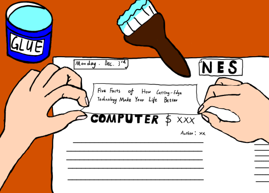 hands gluing text over paper