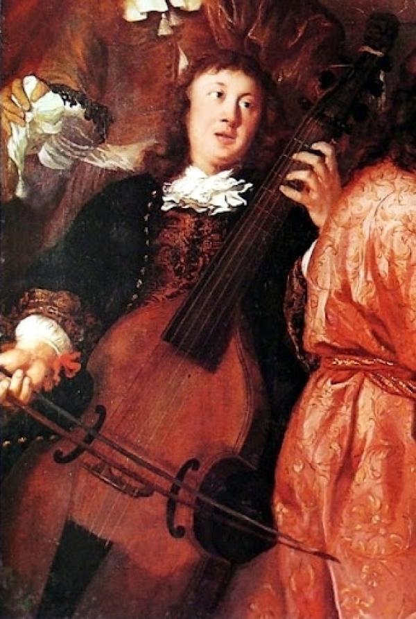 A painting of a man playing the cello and looking off to his left
