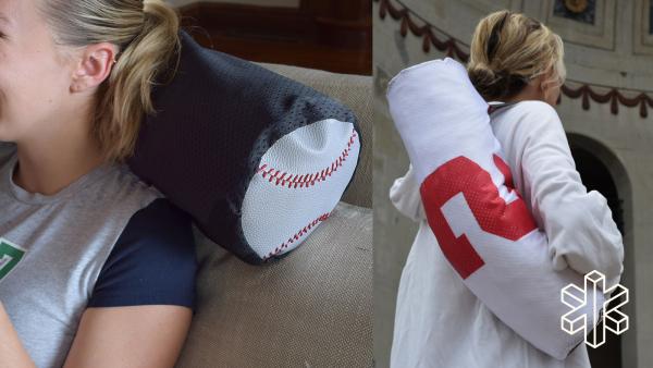 A person rests their head on a Gametime Pillow, and a person carries a Gametime Pillow on their shoulder.
