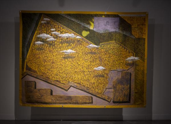 Large yellow banner depicting crowds of people and three institutions: bank, prison, government