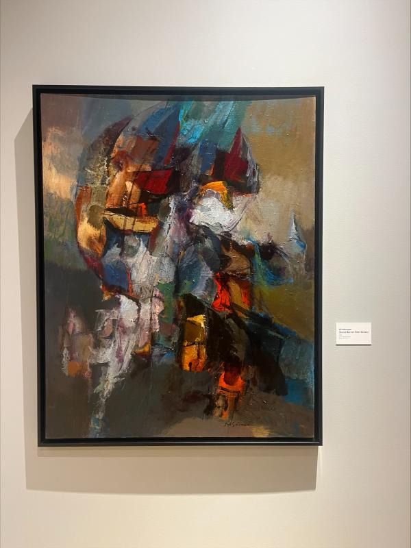 "Windscape" by Syd Solomon, a large abstract painting with strokes of brilliant reds, yellows, and turquoise paint. 