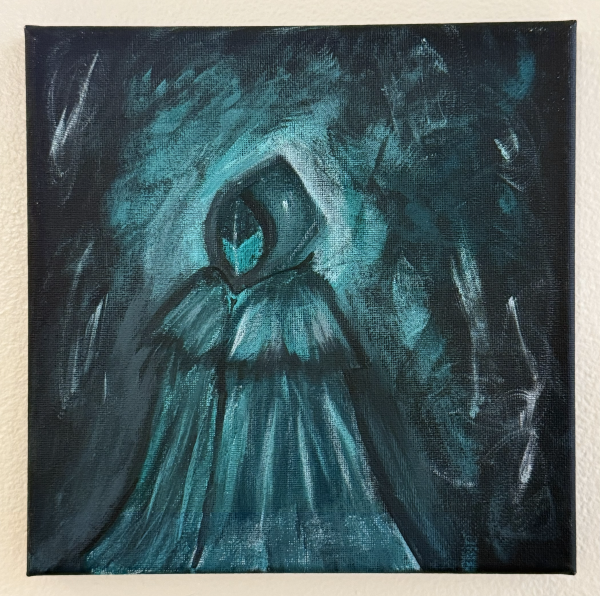 Mysterious figure in a glowing teal mask and hooded cloak, set against a dark, shadowy background of textured acrylics.