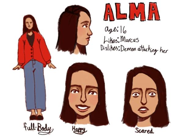 A character design sheet for "Alma," showing a 16-year-old girl in a red cardigan and blue pants, with various facial expressions labeled "Happy," "Scared," and a profile view.