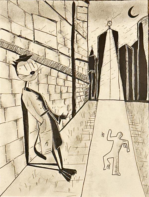 An ink drawing featuring a stylized anthropomorphic cat detective leaning against a brick wall in a noir-style alleyway. The character wears a trench coat and a small fedora, looking toward a chalk outline of a body on the ground. In the background, tall, geometric buildings rise under a crescent moon, with a bright searchlight or beam of light cutting through the night sky.