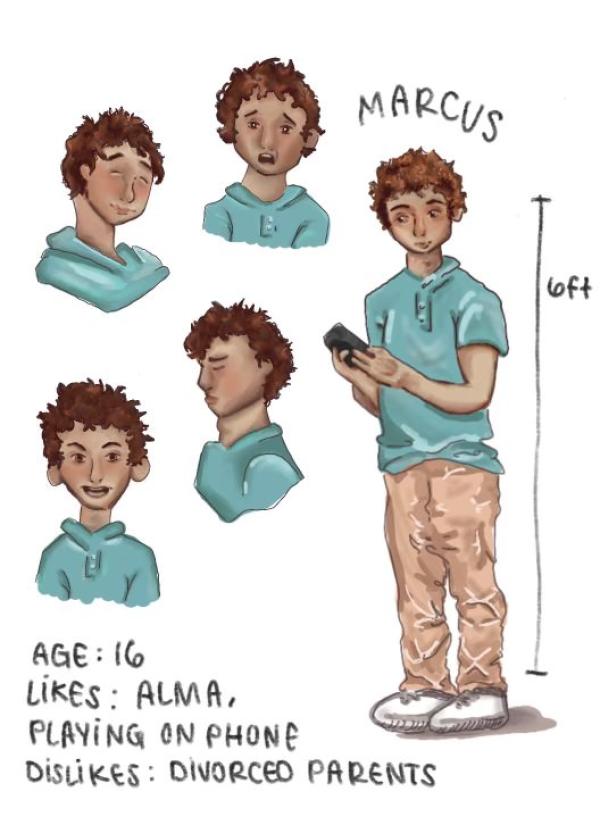     Query successful  A character design sheet for "Marcus," featuring a 16-year-old boy with curly brown hair. He is shown in a full-body pose wearing a light blue polo shirt and tan pants while looking at a phone, alongside several headshots displaying different facial expressions. Handwritten notes indicate he is 6 feet tall, likes "Alma" and "playing on phone," and dislikes "divorced parents".