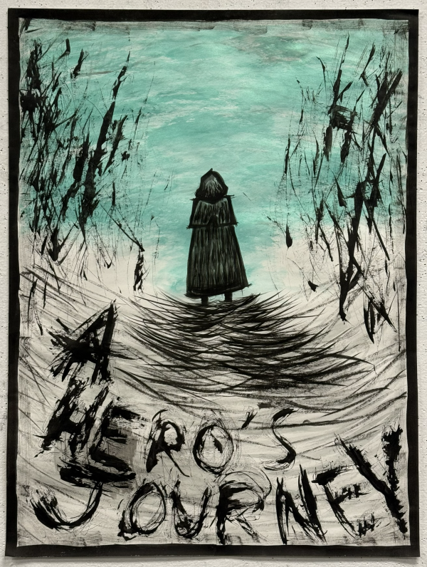 "A Hero's Journey"; Silhouette of a hooded traveler walking toward a bright teal horizon, framed by chaotic black ink strokes with a jagged title at the bottom.
