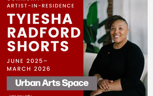 tyiesha radford shorts urban arts space community artist in residence with photo of tyiesha smiling on scarlet and gray background