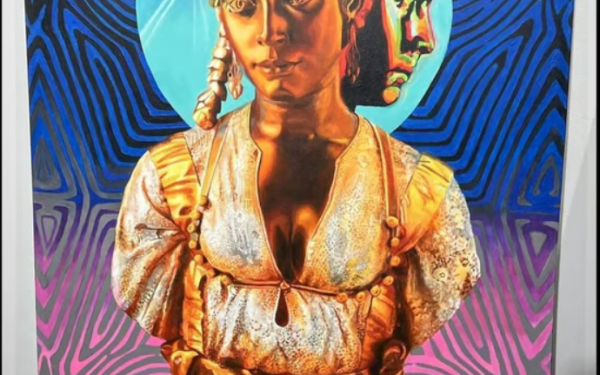 Painting of a woman statue that has her reflection behind her 