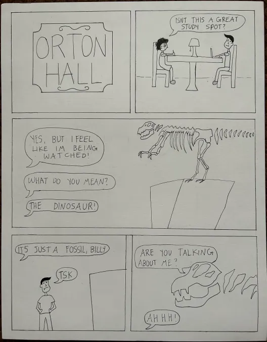 comic strip set at ORTON HALL of a person interacting with the dinosaur sculpture:  YES, BUT I FEEL UKE IM BEING WATCHED! WHAT DO YOU MEAN? THE DINOSAUR! IS JUSTA FOSSIL, BILLY STSK ISNT THIS A GREAT STUDY SPOT? ARE YOU TALKING ABOUT ME? AHHH!