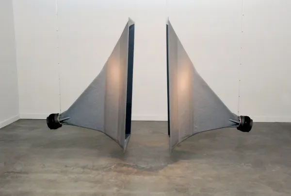 "Ear to Ear" by Robert Lewis, sculpture featuring two speakers