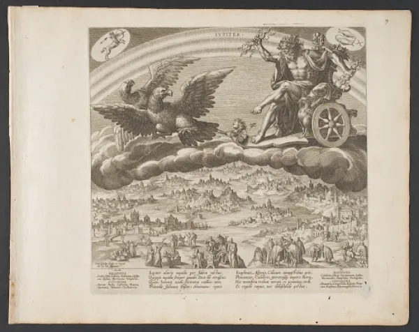 A god sitting on top of a cloud threatens two eagles