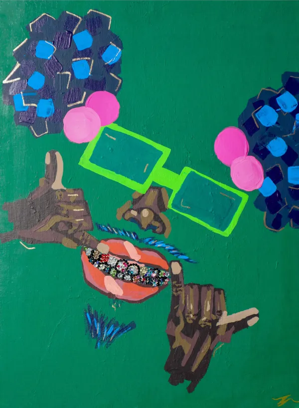 A painting on a green background of green glasses and hands and mouth of a person of color pulling the lips back to reveal a smile with grills. 