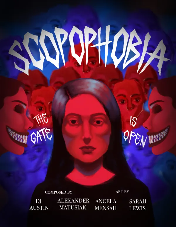 A digital horror poster titled "Scopophobia" featuring a woman’s face illuminated in red, surrounded by many staring eyes and two figures with exaggerated, toothy grins.