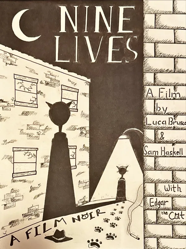 A black-and-white noir film poster titled "NINE LIVES," featuring a large, dramatic shadow of a cat cast against a brick building with broken windows. In the distance, a small cat silhouette stands under a streetlamp, leaving a trail of paw prints that lead toward a discarded fedora and a smoking cigarette in the foreground.