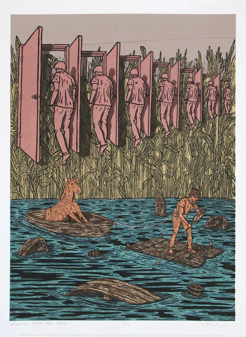 drawing of man standing on raft and rowing in body of water
