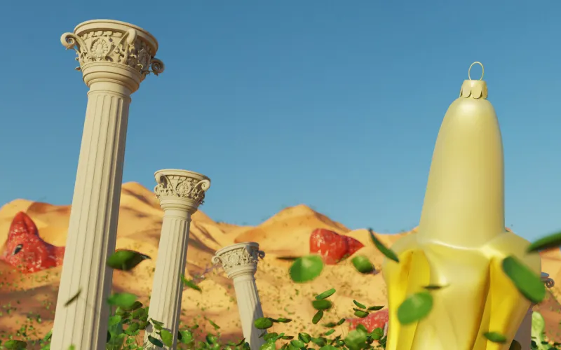 3D rendering of a stylized banana surrounded by roman styled columns in desert setting
