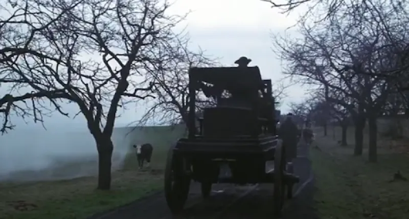 A carriage travels down a foggy road