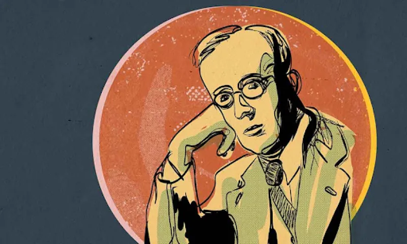An illustration of Gustav Holst on an orange circle against a navy blue background