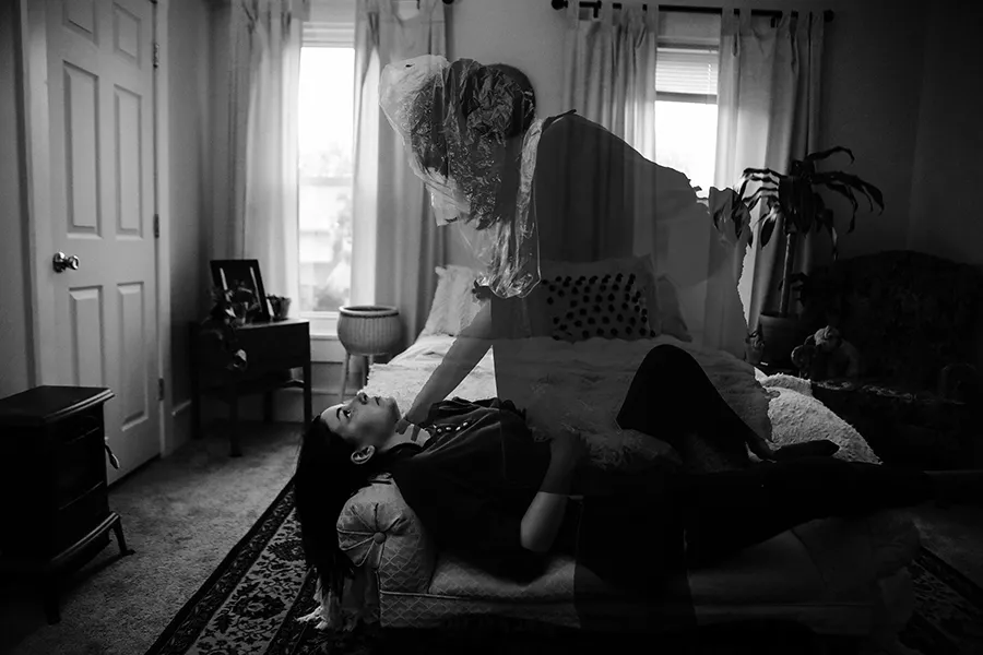 black and white image of bedroom 
