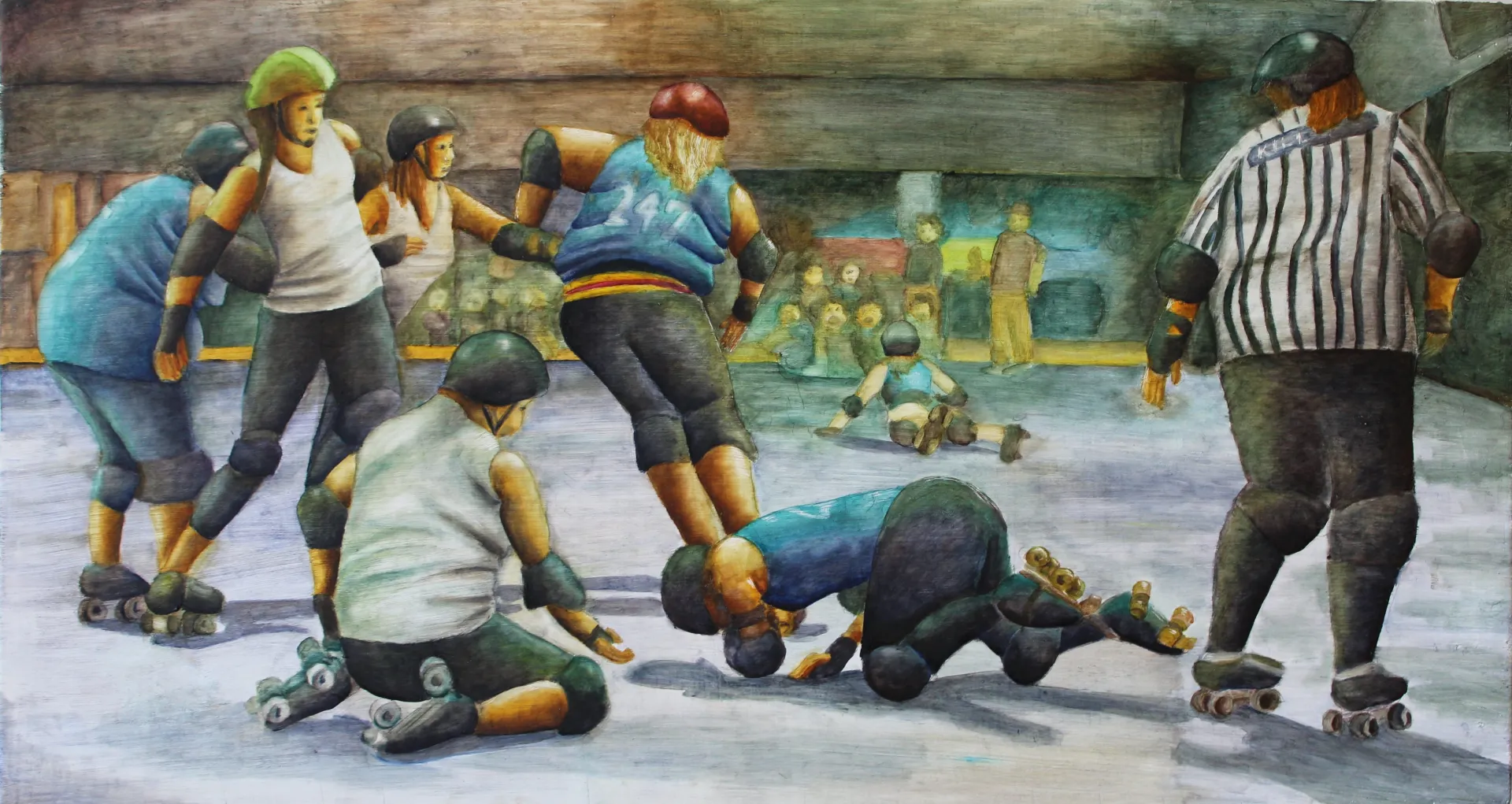 A painting of roller derby players and a referee on a skating track. The viewer has a perspective from behind the roller skaters and referee, not being able to see many faces. Two of the skaters are on the ground, while others rush around them.